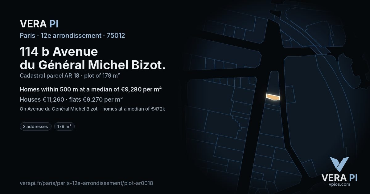 114 b Avenue du Général Michel Bizot, 12e arrondissement at night – the plot lit, the parcels around coloured by the prices near them