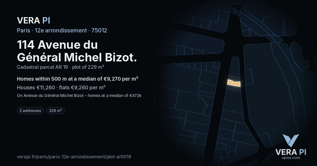 114 Avenue du Général Michel Bizot, 12e arrondissement at night – the plot lit, the parcels around coloured by the prices near them