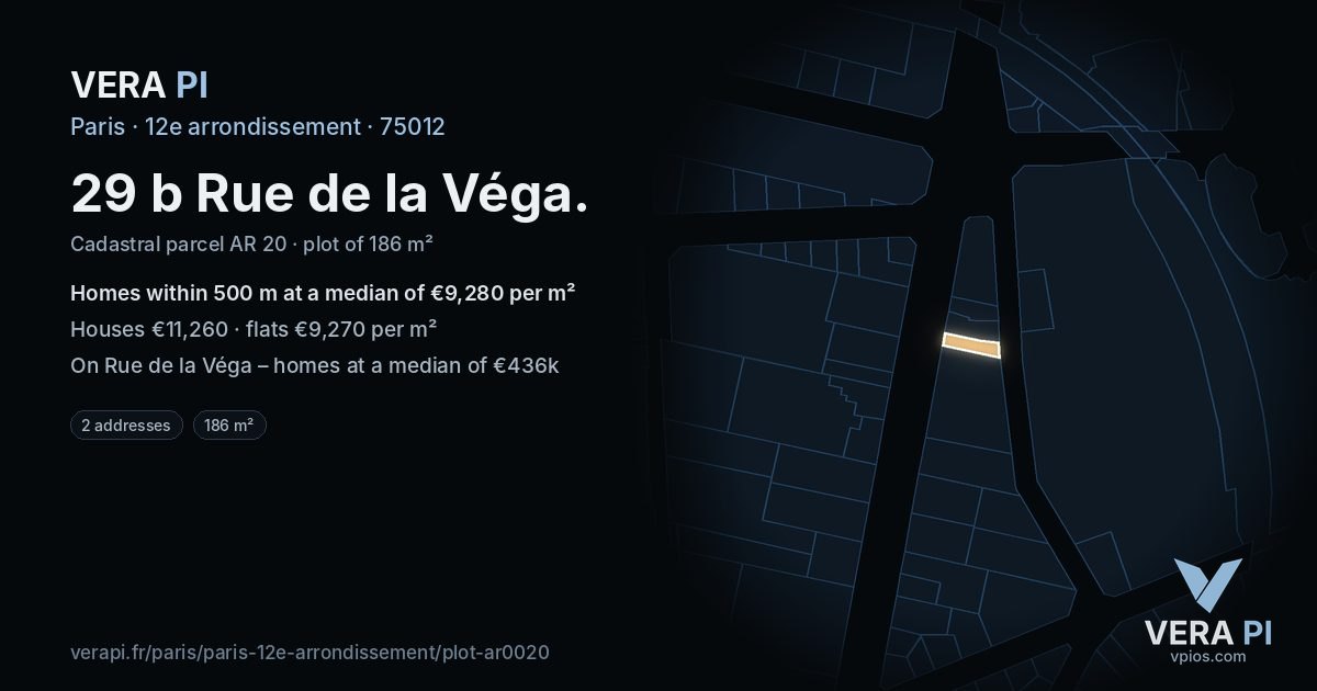 29 b Rue de la Véga, 12e arrondissement at night – the plot lit, the parcels around coloured by the prices near them