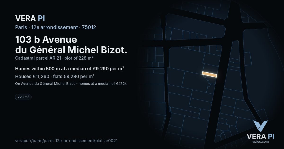 103 b Avenue du Général Michel Bizot, 12e arrondissement at night – the plot lit, the parcels around coloured by the prices near them