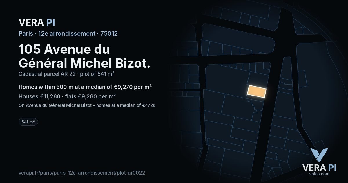 105 Avenue du Général Michel Bizot, 12e arrondissement at night – the plot lit, the parcels around coloured by the prices near them