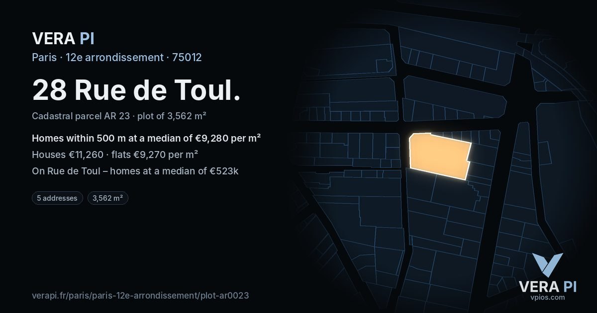 28 Rue de Toul, 12e arrondissement at night – the plot lit, the parcels around coloured by the prices near them