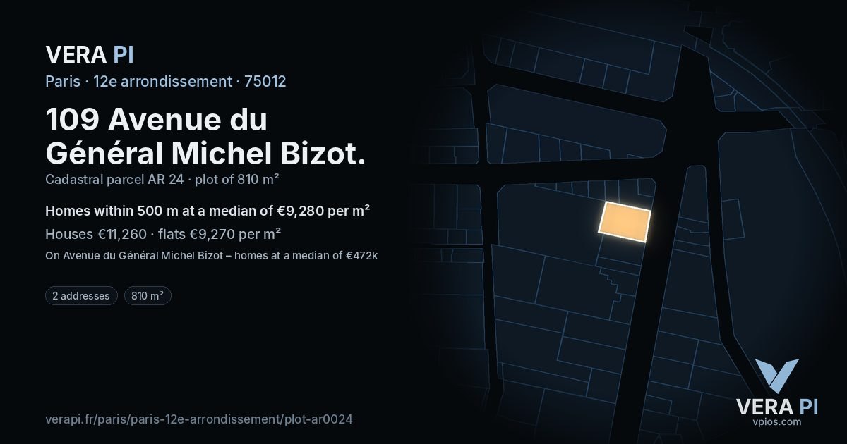 109 Avenue du Général Michel Bizot, 12e arrondissement at night – the plot lit, the parcels around coloured by the prices near them