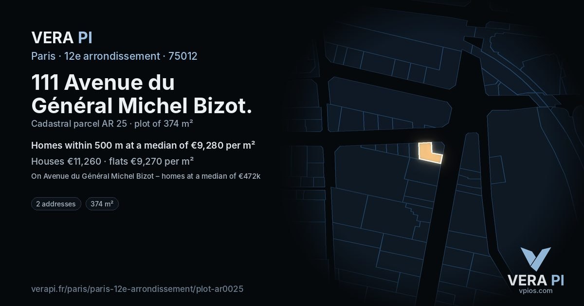111 Avenue du Général Michel Bizot, 12e arrondissement at night – the plot lit, the parcels around coloured by the prices near them
