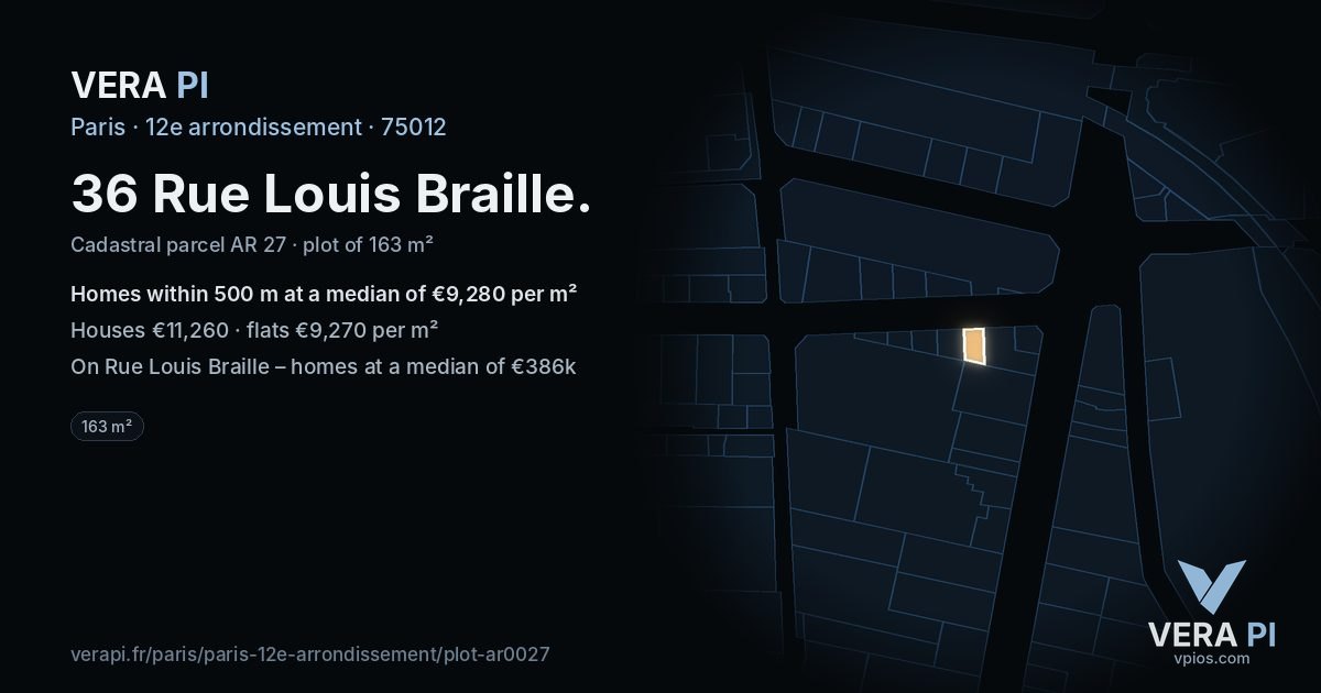 36 Rue Louis Braille, 12e arrondissement at night – the plot lit, the parcels around coloured by the prices near them