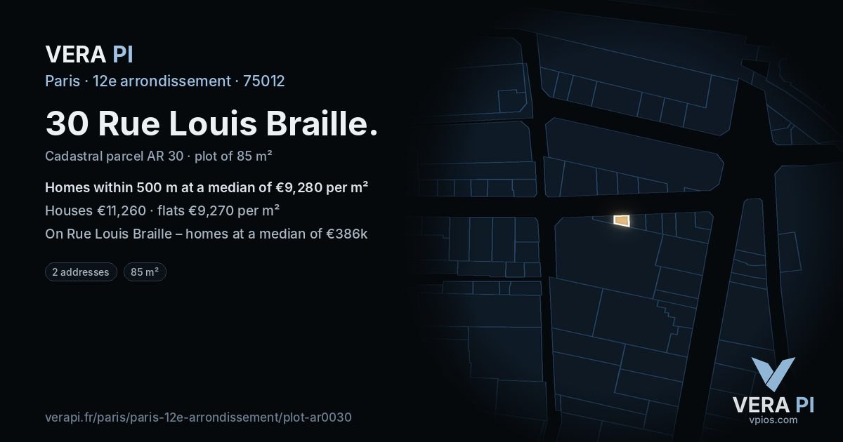 30 Rue Louis Braille, 12e arrondissement at night – the plot lit, the parcels around coloured by the prices near them