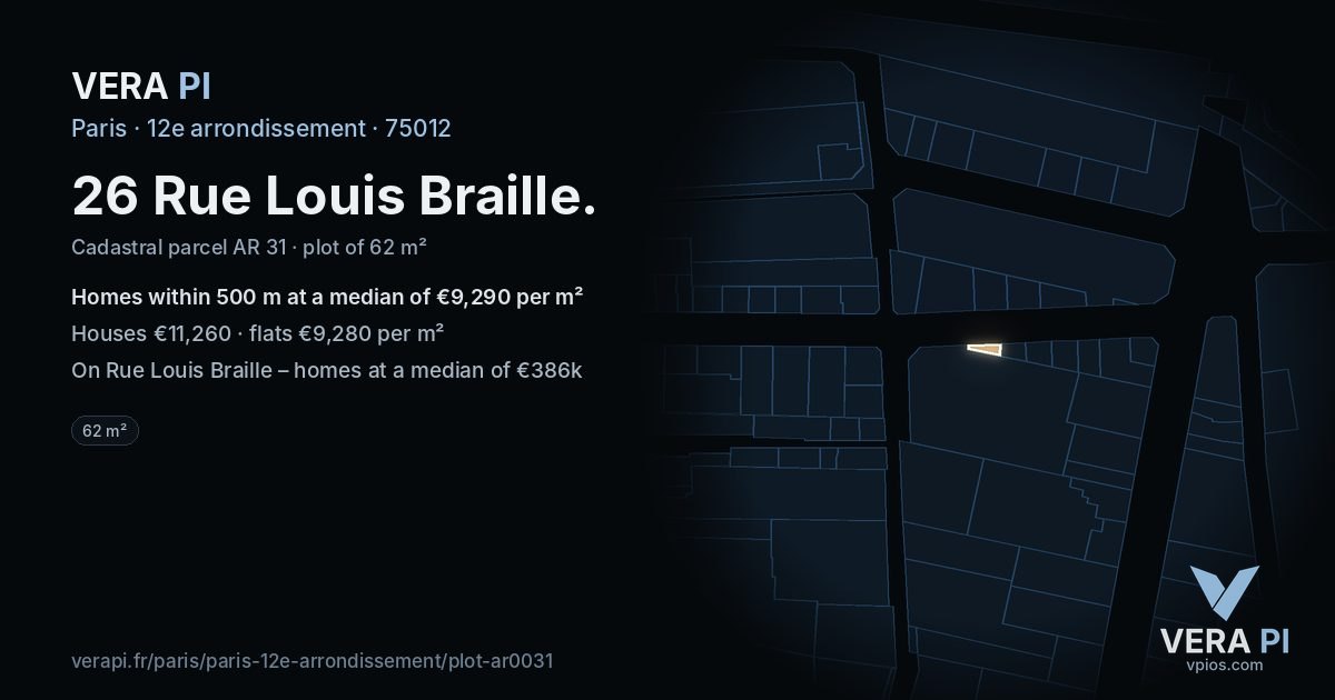 26 Rue Louis Braille, 12e arrondissement at night – the plot lit, the parcels around coloured by the prices near them