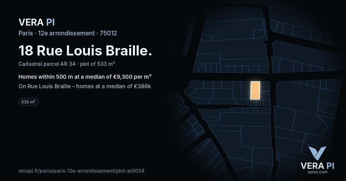 18 Rue Louis Braille, 12e arrondissement at night – the plot lit, the parcels around coloured by the prices near them
