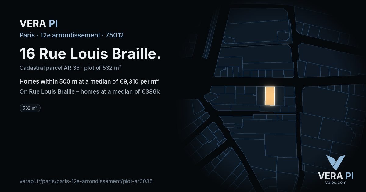 16 Rue Louis Braille, 12e arrondissement at night – the plot lit, the parcels around coloured by the prices near them
