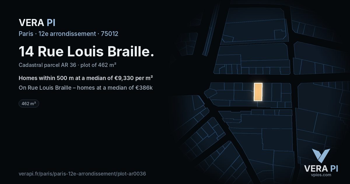 14 Rue Louis Braille, 12e arrondissement at night – the plot lit, the parcels around coloured by the prices near them