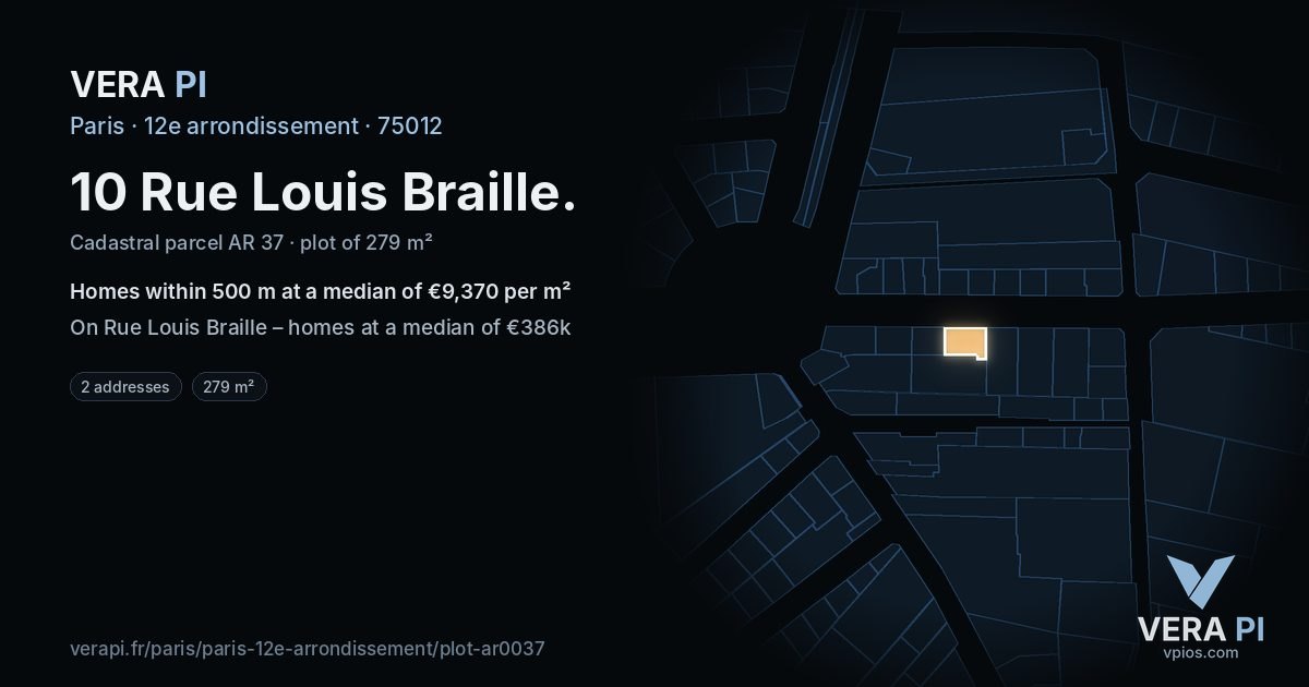 10 Rue Louis Braille, 12e arrondissement at night – the plot lit, the parcels around coloured by the prices near them