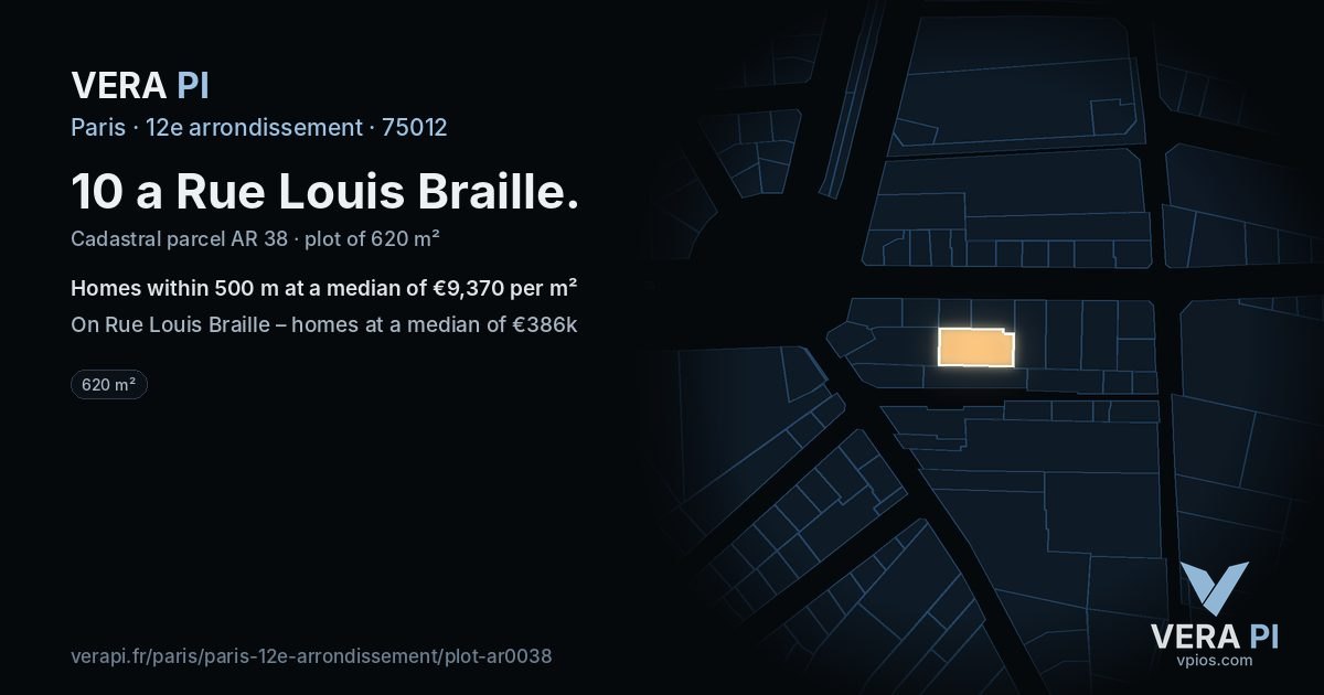 10 a Rue Louis Braille, 12e arrondissement at night – the plot lit, the parcels around coloured by the prices near them
