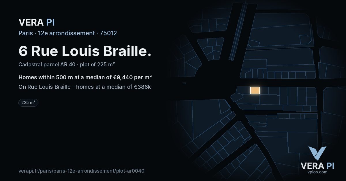 6 Rue Louis Braille, 12e arrondissement at night – the plot lit, the parcels around coloured by the prices near them