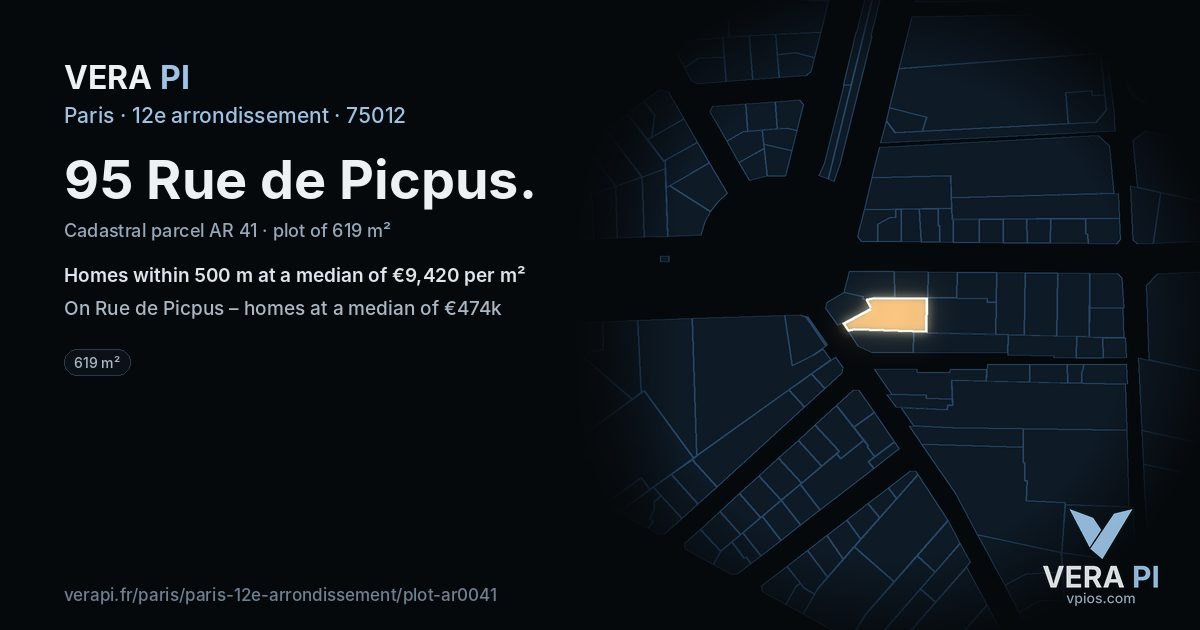 95 Rue de Picpus, 12e arrondissement at night – the plot lit, the parcels around coloured by the prices near them