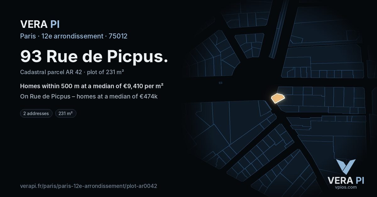 93 Rue de Picpus, 12e arrondissement at night – the plot lit, the parcels around coloured by the prices near them