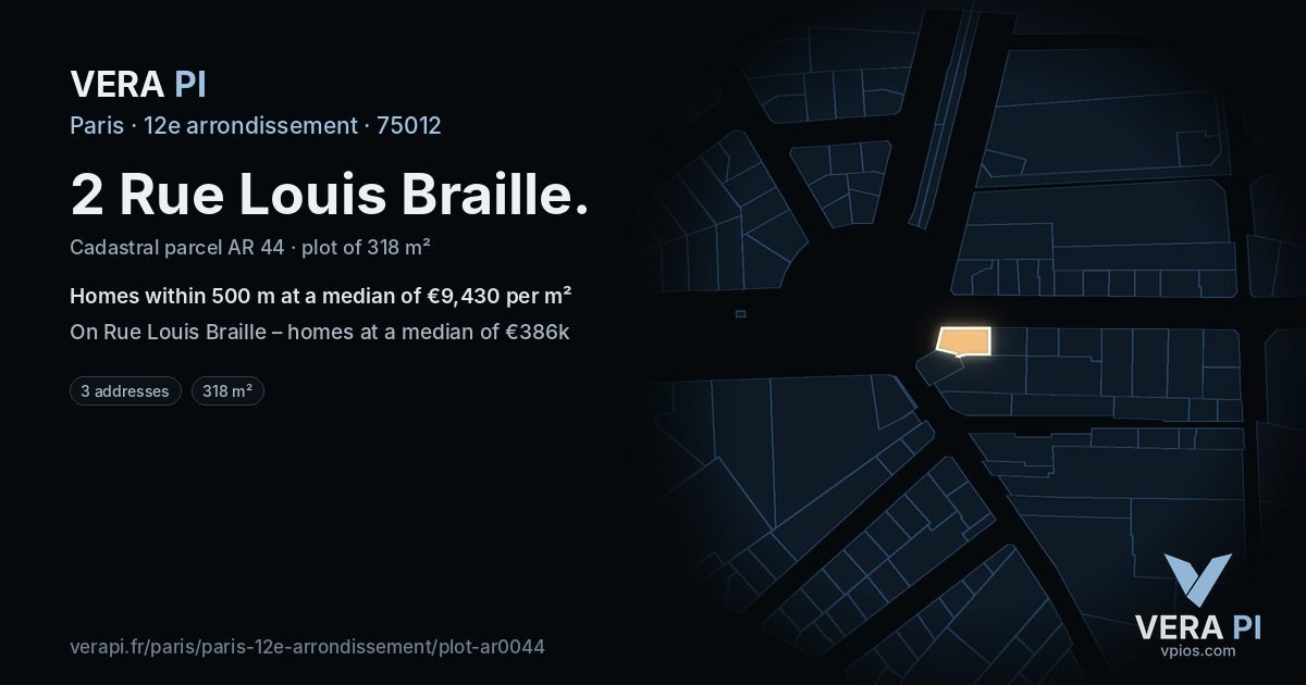 2 Rue Louis Braille, 12e arrondissement at night – the plot lit, the parcels around coloured by the prices near them