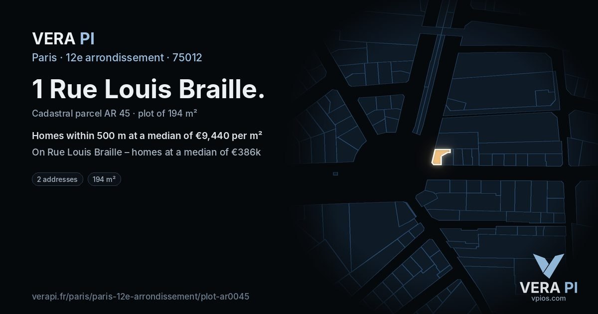 1 Rue Louis Braille, 12e arrondissement at night – the plot lit, the parcels around coloured by the prices near them