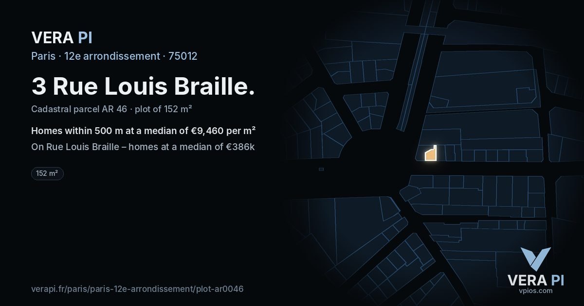 3 Rue Louis Braille, 12e arrondissement at night – the plot lit, the parcels around coloured by the prices near them