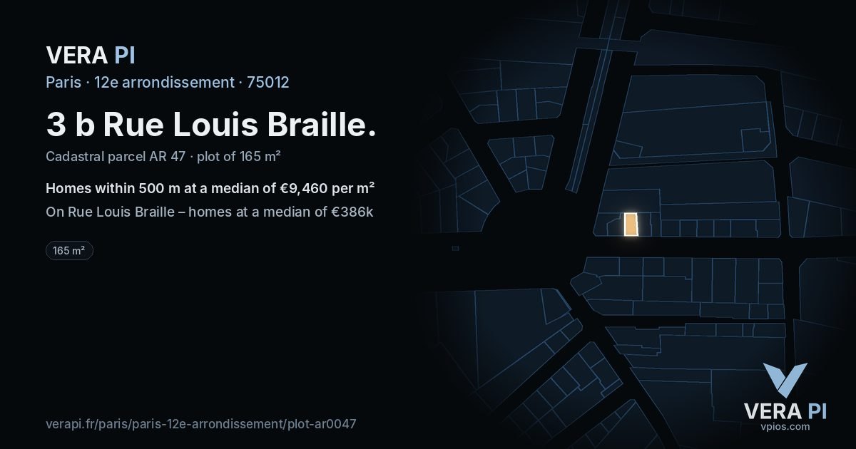 3 b Rue Louis Braille, 12e arrondissement at night – the plot lit, the parcels around coloured by the prices near them