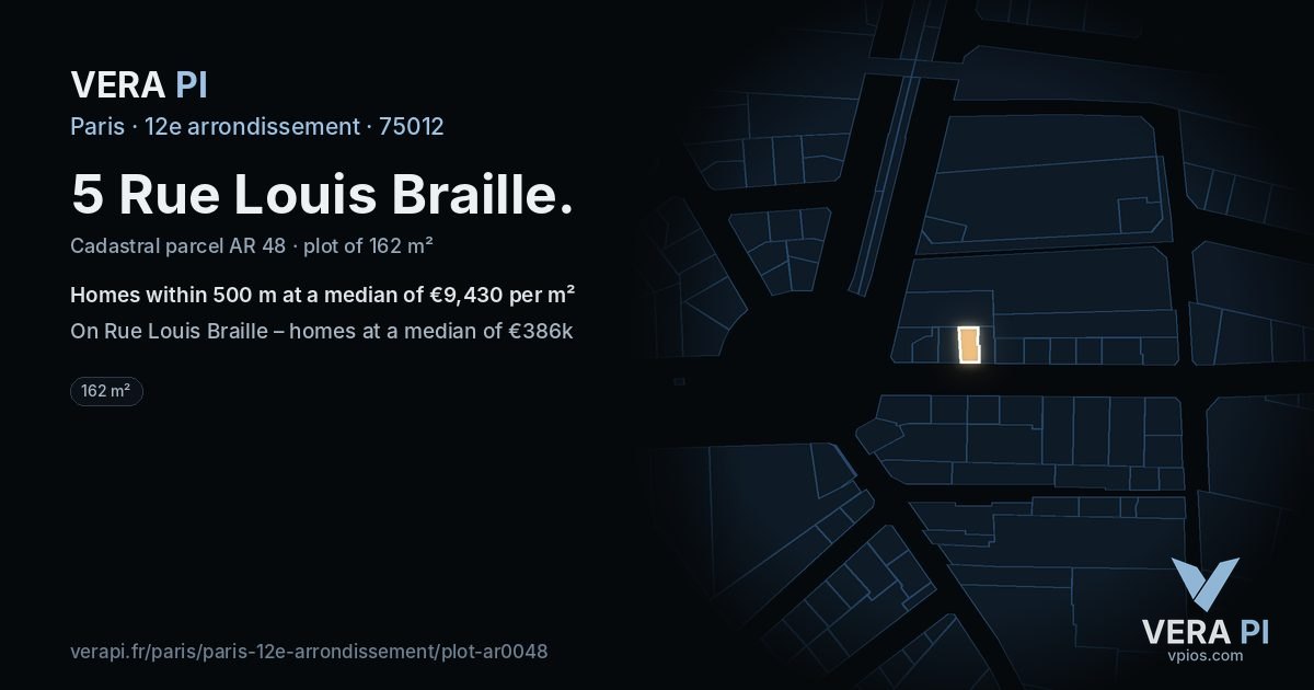 5 Rue Louis Braille, 12e arrondissement at night – the plot lit, the parcels around coloured by the prices near them