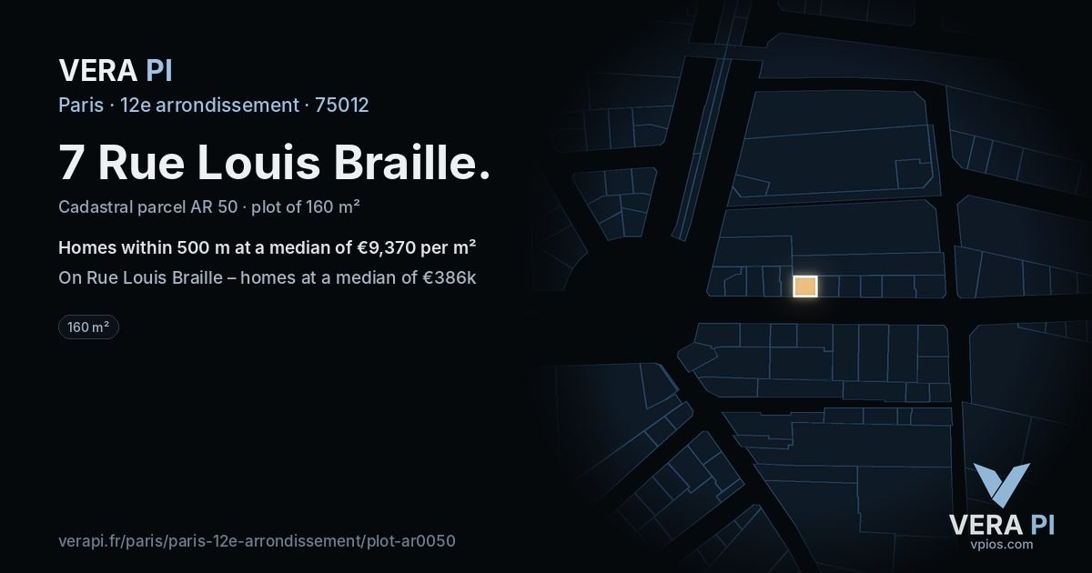 7 Rue Louis Braille, 12e arrondissement at night – the plot lit, the parcels around coloured by the prices near them