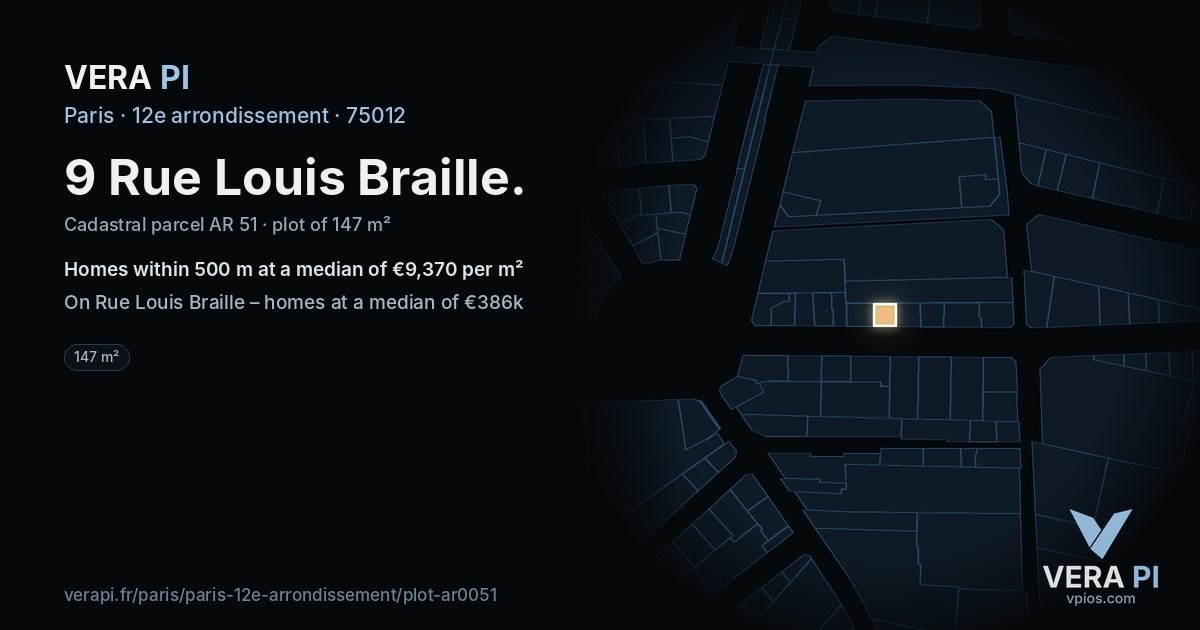 9 Rue Louis Braille, 12e arrondissement at night – the plot lit, the parcels around coloured by the prices near them