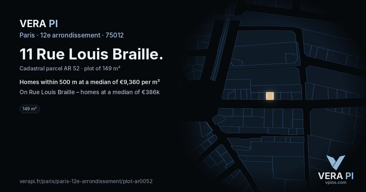 11 Rue Louis Braille, 12e arrondissement at night – the plot lit, the parcels around coloured by the prices near them
