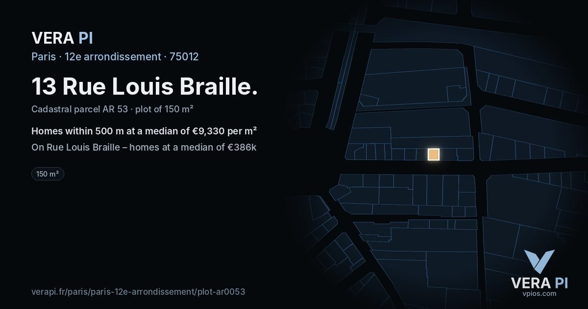 13 Rue Louis Braille, 12e arrondissement at night – the plot lit, the parcels around coloured by the prices near them
