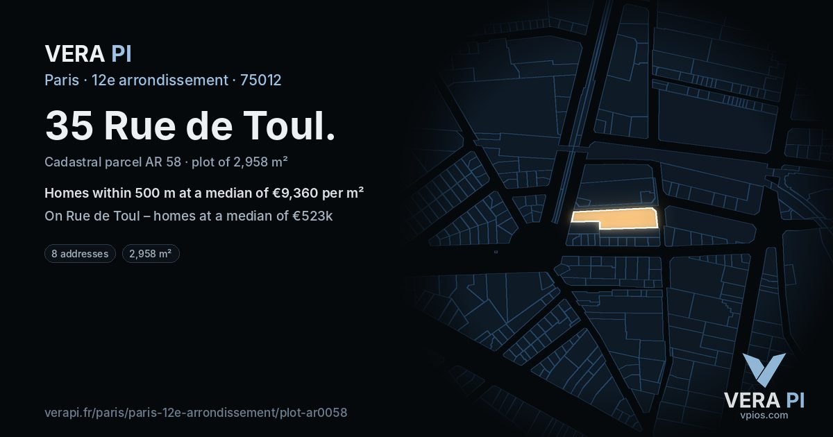 35 Rue de Toul, 12e arrondissement at night – the plot lit, the parcels around coloured by the prices near them