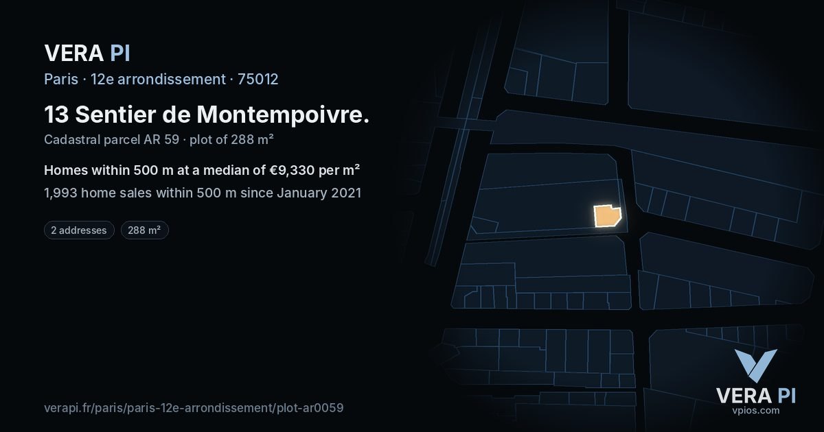 13 Sentier de Montempoivre, 12e arrondissement at night – the plot lit, the parcels around coloured by the prices near them
