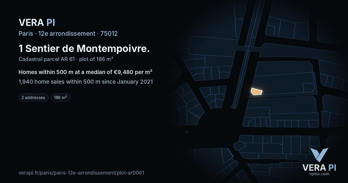 1 Sentier de Montempoivre, 12e arrondissement at night – the plot lit, the parcels around coloured by the prices near them
