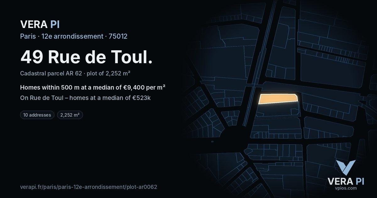 49 Rue de Toul, 12e arrondissement at night – the plot lit, the parcels around coloured by the prices near them