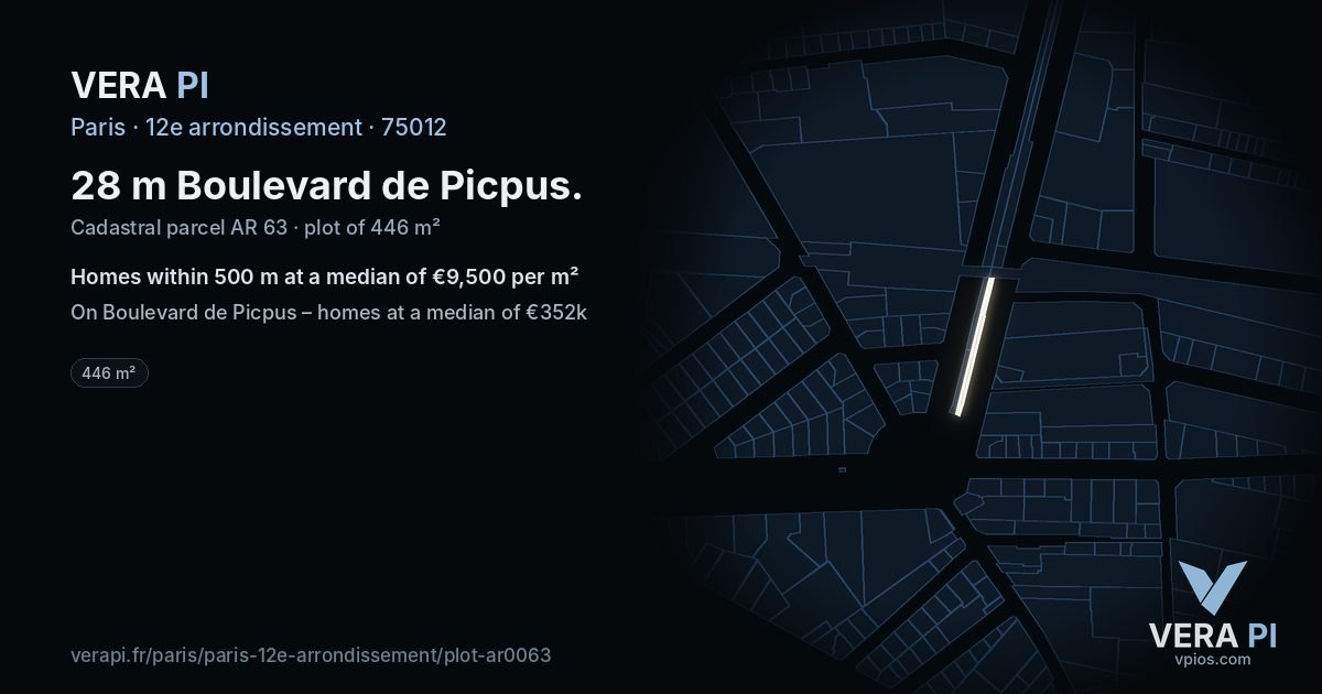 28 m Boulevard de Picpus, 12e arrondissement at night – the plot lit, the parcels around coloured by the prices near them