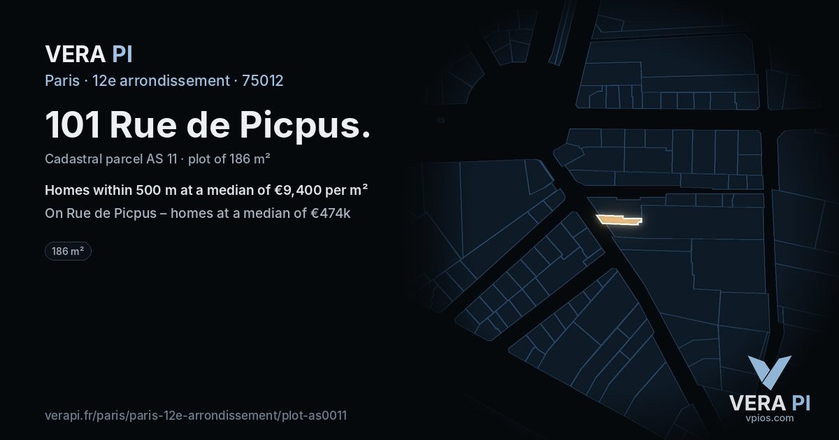 101 Rue de Picpus, 12e arrondissement at night – the plot lit, the parcels around coloured by the prices near them