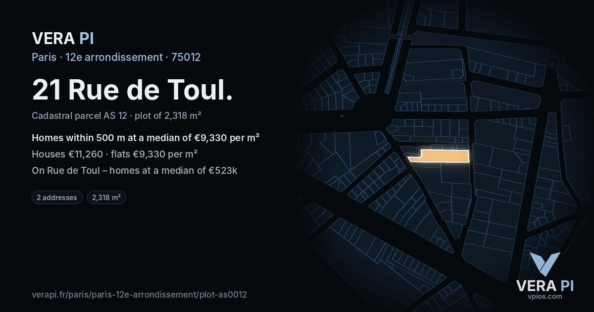 21 Rue de Toul, 12e arrondissement at night – the plot lit, the parcels around coloured by the prices near them
