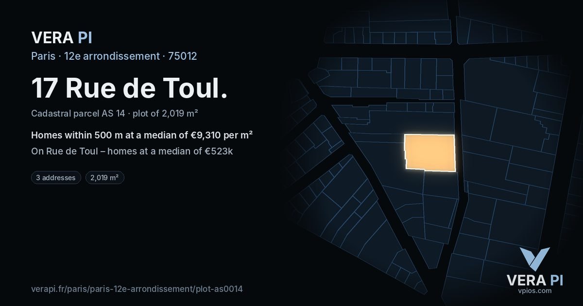 17 Rue de Toul, 12e arrondissement at night – the plot lit, the parcels around coloured by the prices near them