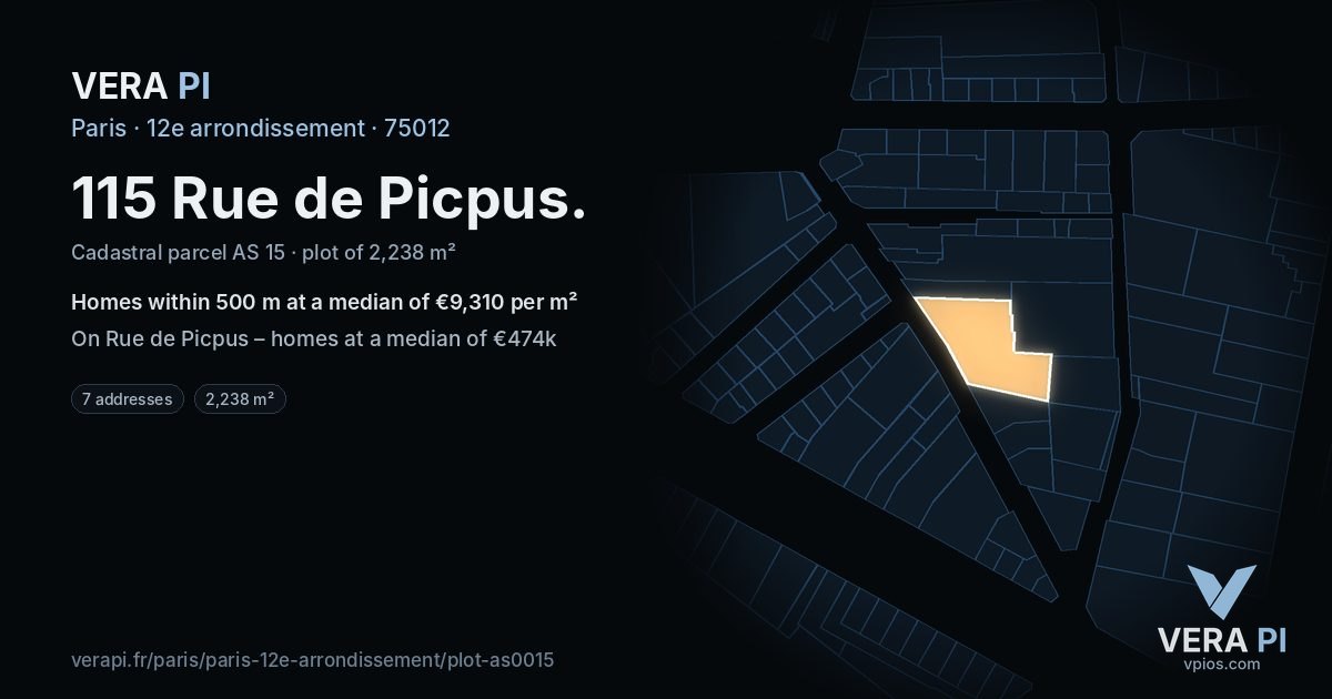 115 Rue de Picpus, 12e arrondissement at night – the plot lit, the parcels around coloured by the prices near them