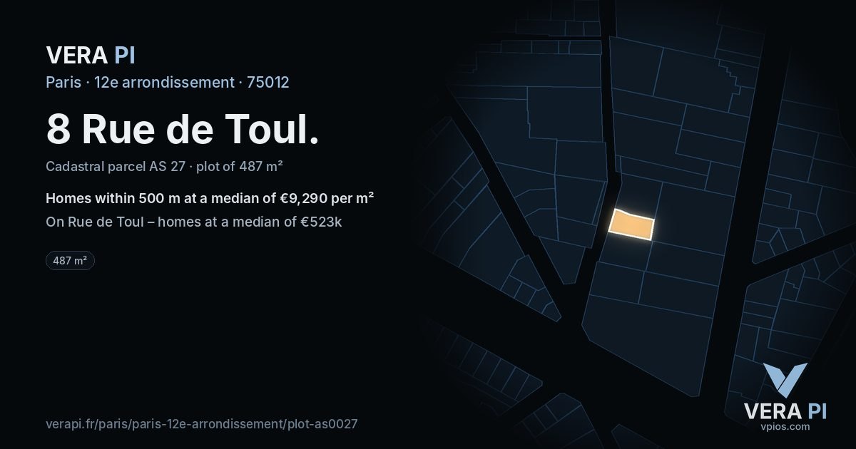 8 Rue de Toul, 12e arrondissement at night – the plot lit, the parcels around coloured by the prices near them