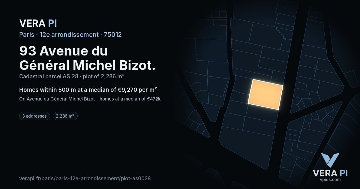 93 Avenue du Général Michel Bizot, 12e arrondissement at night – the plot lit, the parcels around coloured by the prices near them