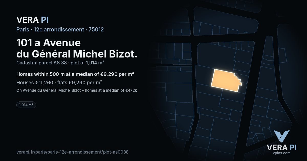 101 a Avenue du Général Michel Bizot, 12e arrondissement at night – the plot lit, the parcels around coloured by the prices near them