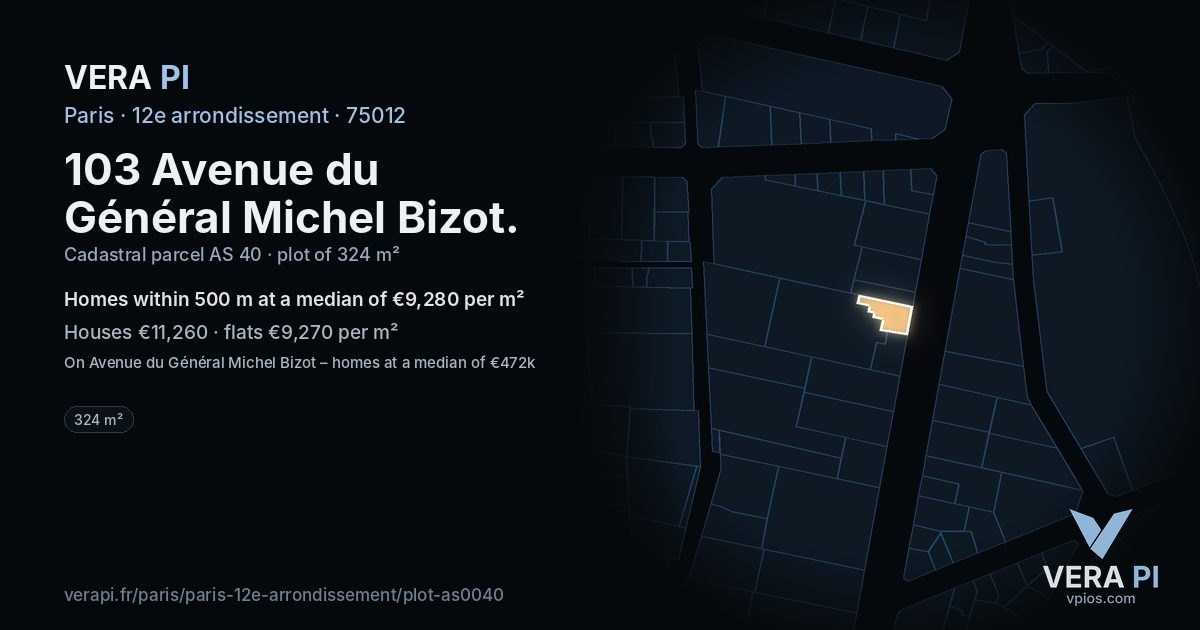 103 Avenue du Général Michel Bizot, 12e arrondissement at night – the plot lit, the parcels around coloured by the prices near them
