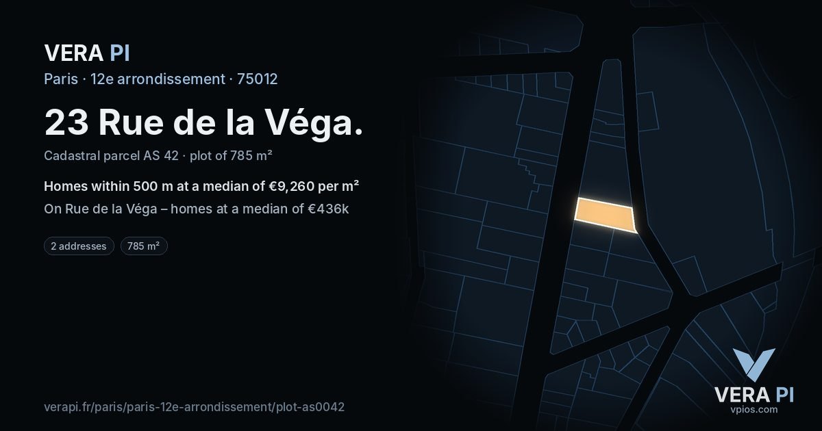 23 Rue de la Véga, 12e arrondissement at night – the plot lit, the parcels around coloured by the prices near them