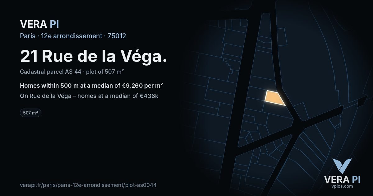 21 Rue de la Véga, 12e arrondissement at night – the plot lit, the parcels around coloured by the prices near them