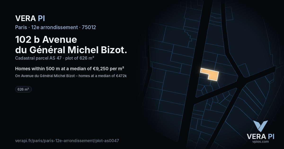102 b Avenue du Général Michel Bizot, 12e arrondissement at night – the plot lit, the parcels around coloured by the prices near them