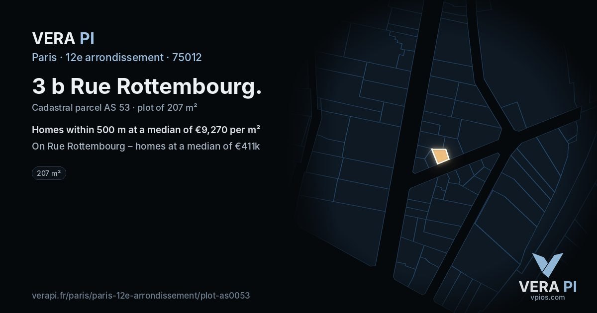 3 b Rue Rottembourg, 12e arrondissement at night – the plot lit, the parcels around coloured by the prices near them