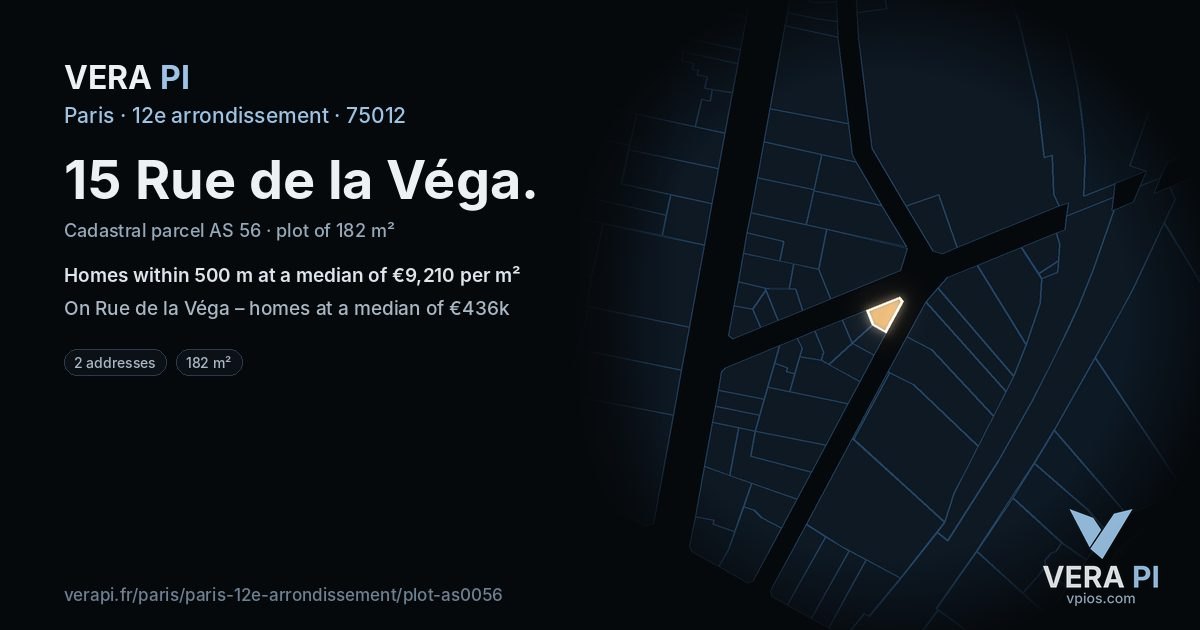 15 Rue de la Véga, 12e arrondissement at night – the plot lit, the parcels around coloured by the prices near them