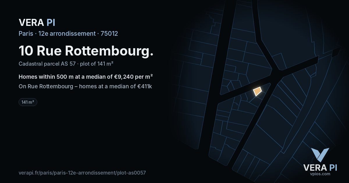 10 Rue Rottembourg, 12e arrondissement at night – the plot lit, the parcels around coloured by the prices near them