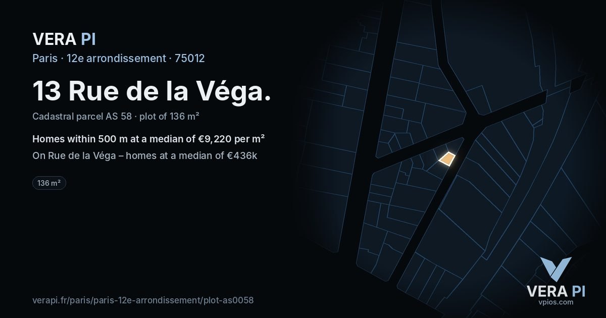 13 Rue de la Véga, 12e arrondissement at night – the plot lit, the parcels around coloured by the prices near them