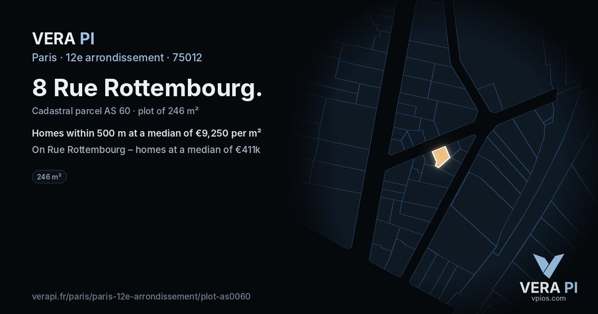 8 Rue Rottembourg, 12e arrondissement at night – the plot lit, the parcels around coloured by the prices near them