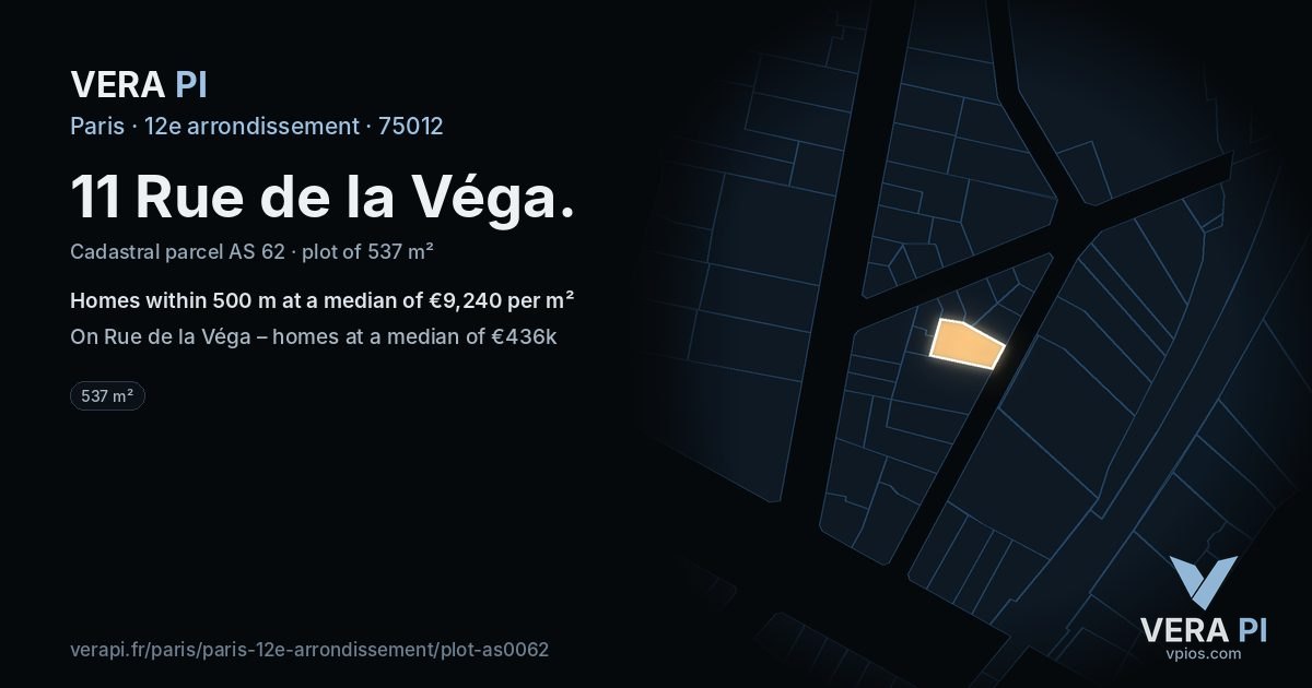 11 Rue de la Véga, 12e arrondissement at night – the plot lit, the parcels around coloured by the prices near them